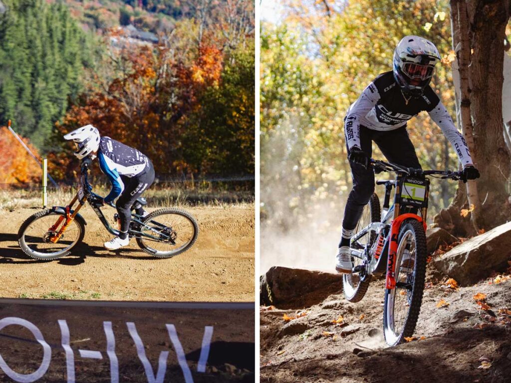 A CUBE Factory Racing rider wearing a full-face helmet on the Two15, with a teammate performing a jump on her bike in front of a tree in the background. A CUBE Factory Racing rider wearing a full-face helmet on the Two15, with a teammate performing a jump on her bike in front of a tree in the background.