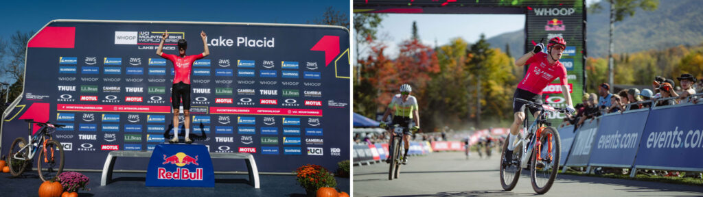 Finn Treudler feiert seinen Sieg auf dem Podium und beim Überqueren der Ziellinie mit seinem CUBE Bike. Finn Treudler celebrates his victory on the podium and as he crosses the finish line with his CUBE bike.