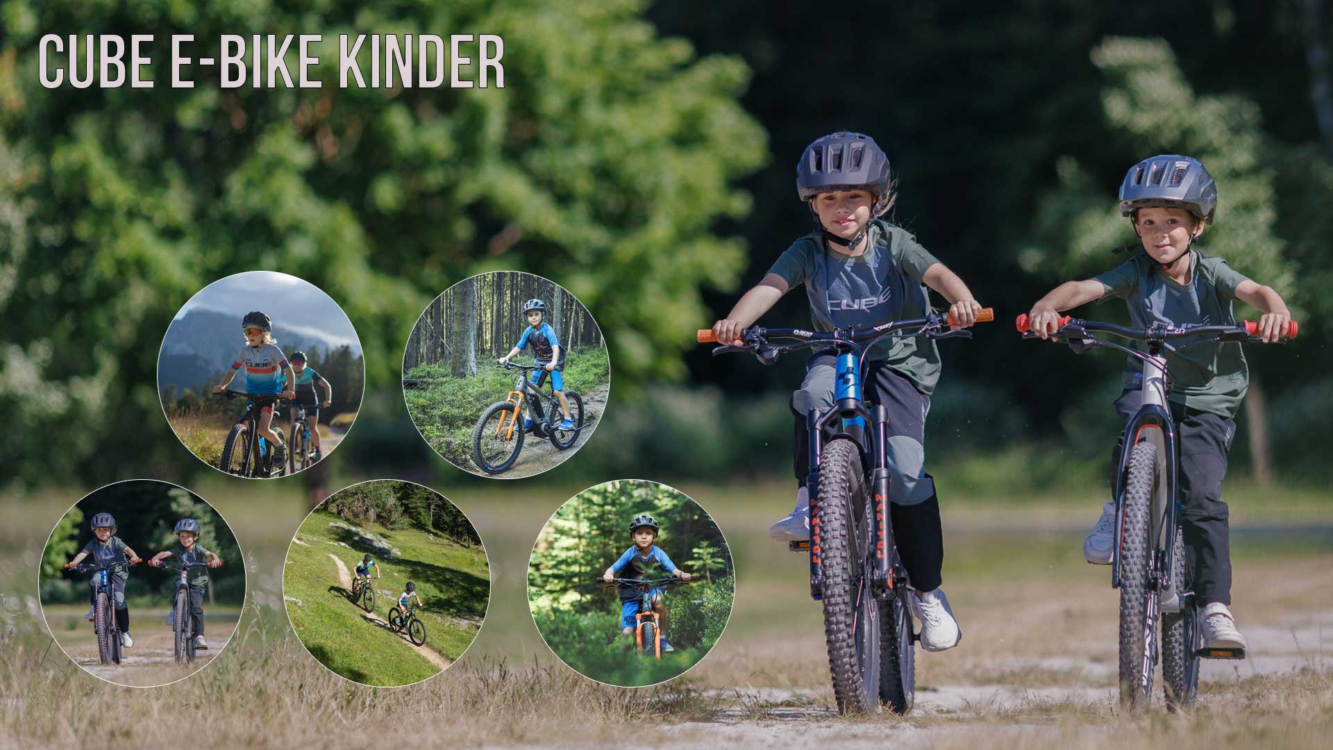 The image shows a collage entitled Cube E-Bike Children. It features several images of children riding bicycles in different landscapes.